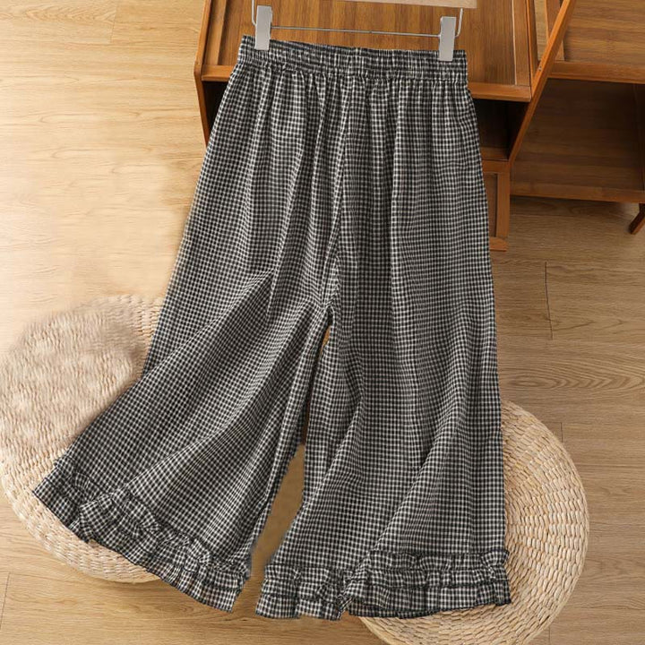 Buddha Stonesカジュアルコットンステッチグリッドレディース7-8丈ワイドレッグパンツ（ポケット付き） - image 10