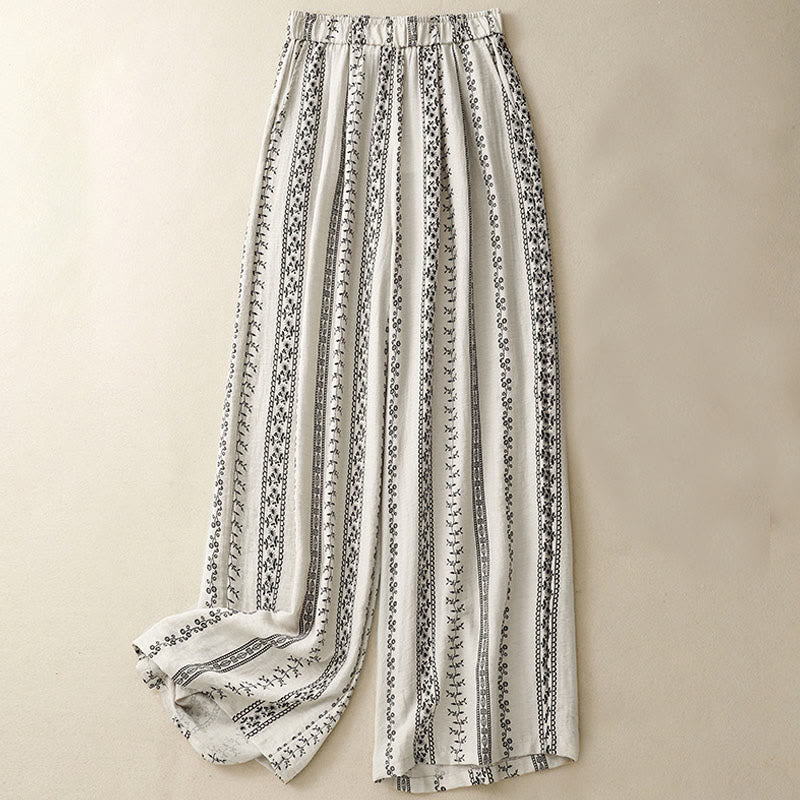 Buddha Stonesカジュアル 縦プリント コットンリネン レディース ワイドレッグパンツ ポケット付き - ベージュ - US8-10，UK/AU12-14，EU40-42 (2XL) - image 5