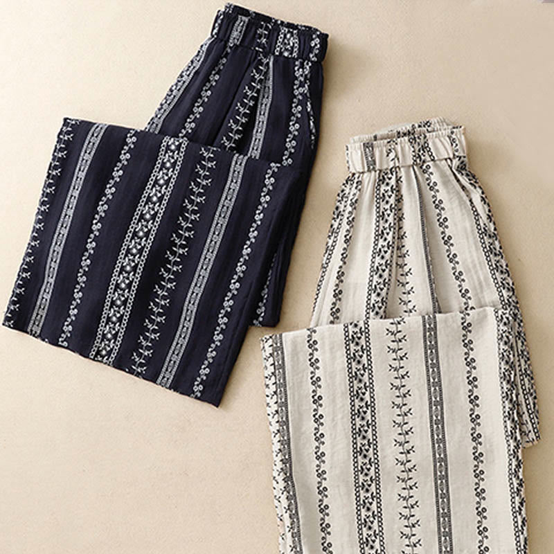 Buddha Stonesカジュアル 縦プリント コットンリネン レディース ワイドレッグパンツ ポケット付き - image 16