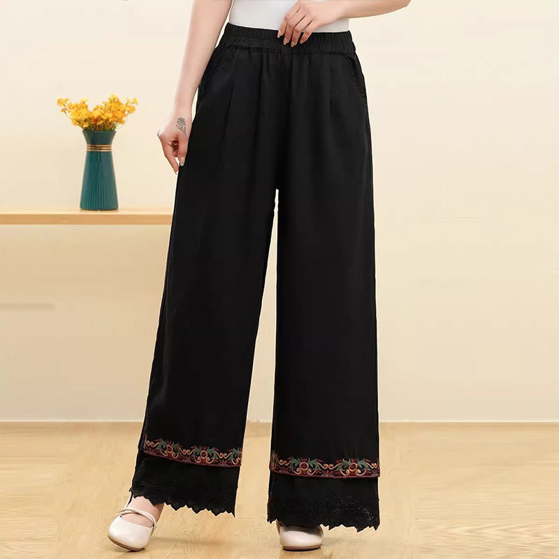Buddha Stonesカジュアル 刺繍 レース コットンリネン レディース ワイドレッグパンツ ポケット付き - 黒 - US14、 UK/AU18、 EU46 (4XL) - image 5
