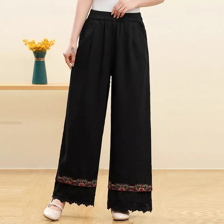 Buddha Stonesカジュアル 刺繍 レース コットンリネン レディース ワイドレッグパンツ ポケット付き - 黒 - US14、 UK/AU18、 EU46 (4XL) - image 5