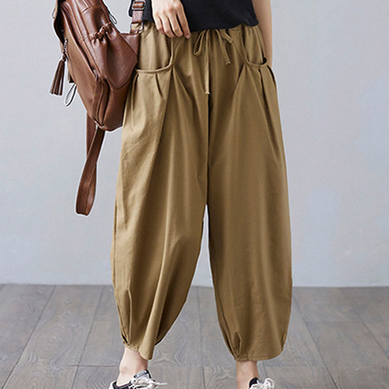 Buddha Stonesサマープレーンクロップドパンツ レディース コットンリネン ハーレムパンツ ポケット付き - image 2