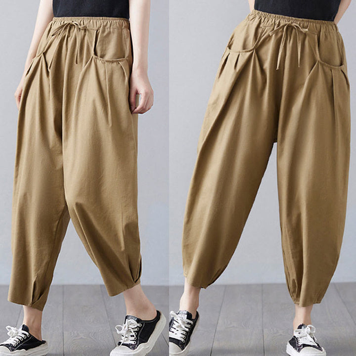 Buddha Stonesサマープレーンクロップドパンツ レディース コットンリネン ハーレムパンツ ポケット付き - image 6
