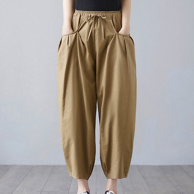 Buddha Stonesサマープレーンクロップドパンツ レディース コットンリネン ハーレムパンツ ポケット付き - ダークカーキ - US12、 UK/AU16、 EU44 (3XL) - image 1