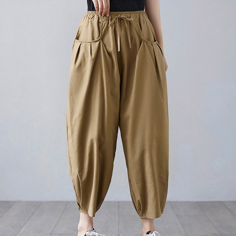 Buddha Stonesサマープレーンクロップドパンツ レディース コットンリネン ハーレムパンツ ポケット付き - image 3
