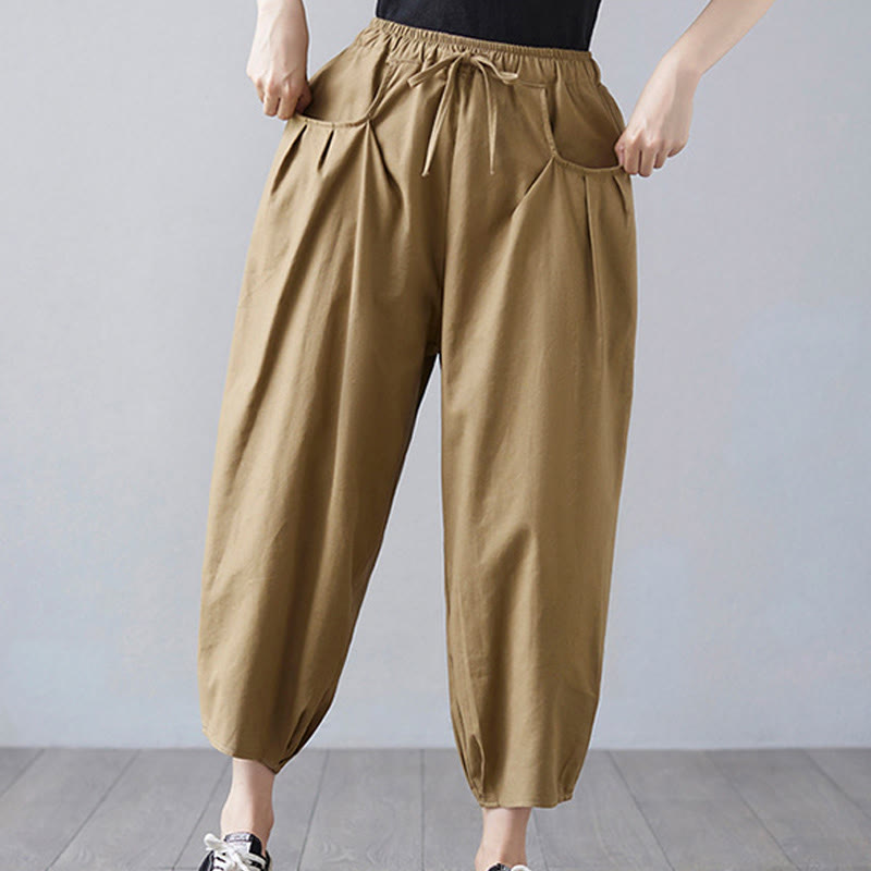 Buddha Stonesサマープレーンクロップドパンツ レディース コットンリネン ハーレムパンツ ポケット付き - image 5