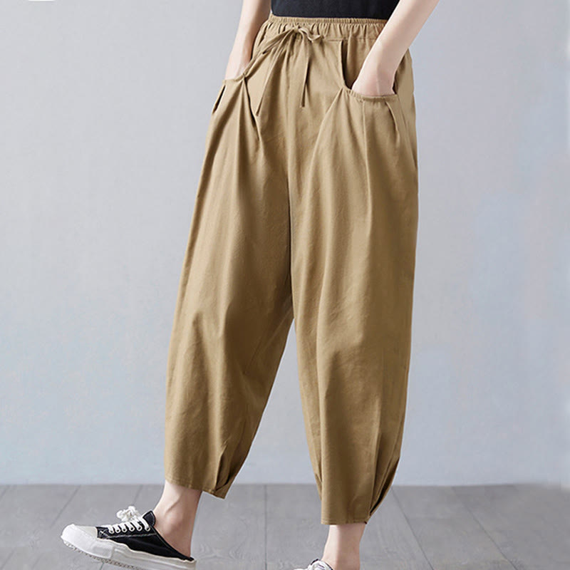 Buddha Stonesサマープレーンクロップドパンツ レディース コットンリネン ハーレムパンツ ポケット付き - image 4