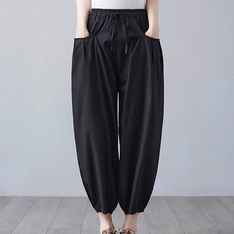 Buddha Stonesサマープレーンクロップドパンツ レディース コットンリネン ハーレムパンツ ポケット付き - 黒 - US12、 UK/AU16、 EU44 (3XL) - image 14