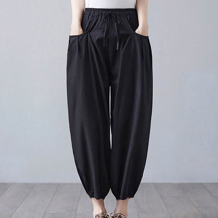 Buddha Stonesサマープレーンクロップドパンツ レディース コットンリネン ハーレムパンツ ポケット付き - 黒 - US12、 UK/AU16、 EU44 (3XL) - image 14