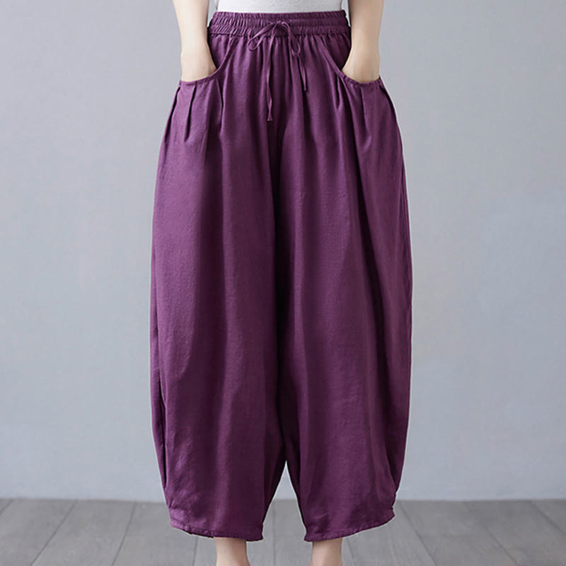 Buddha Stonesサマープレーンクロップドパンツ レディース コットンリネン ハーレムパンツ ポケット付き - 紫 - US12、 UK/AU16、 EU44 (3XL) - image 21