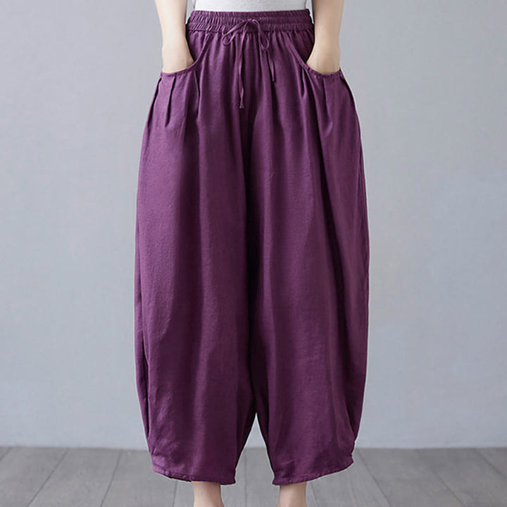 Buddha Stonesサマープレーンクロップドパンツ レディース コットンリネン ハーレムパンツ ポケット付き - 紫 - US12、 UK/AU16、 EU44 (3XL) - image 21