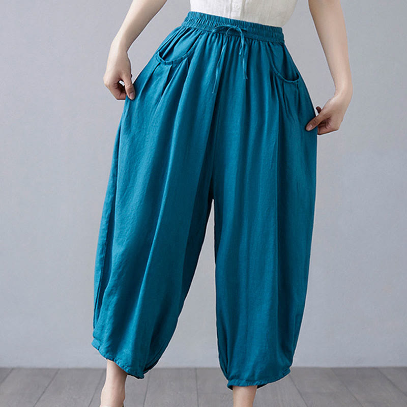 Buddha Stonesサマープレーンクロップドパンツ レディース コットンリネン ハーレムパンツ ポケット付き - ディープスカイブルー - US12、 UK/AU16、 EU44 (3XL) - image 28