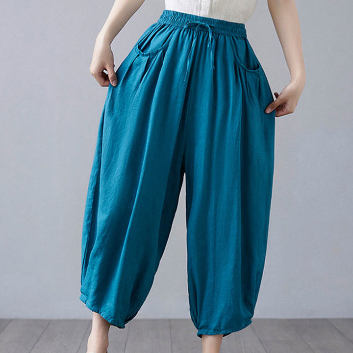 Buddha Stonesサマープレーンクロップドパンツ レディース コットンリネン ハーレムパンツ ポケット付き - ディープスカイブルー - US12、 UK/AU16、 EU44 (3XL) - image 28