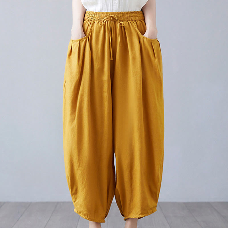 Buddha Stonesサマープレーンクロップドパンツ レディース コットンリネン ハーレムパンツ ポケット付き - 金 - US12、 UK/AU16、 EU44 (3XL) - image 34