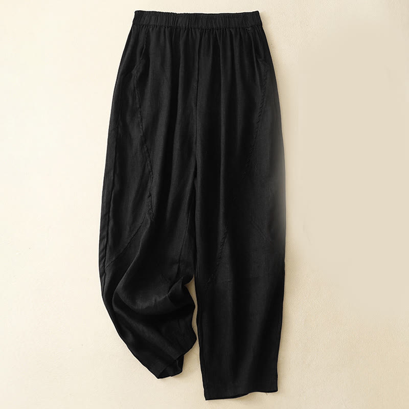Buddha Stonesカジュアル 無地 クロップドパンツ レディース リネン ハーレムパンツ ポケット付き - 黒 - US8-10，UK/AU12-14，EU40-42 (2XL) - image 10