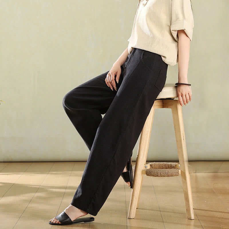 Buddha Stonesピュアカラーボタン レディース リネンパンツ ポケット付き - 黒 - US6、 UK/AU10、 EU38 (XL) - image 13