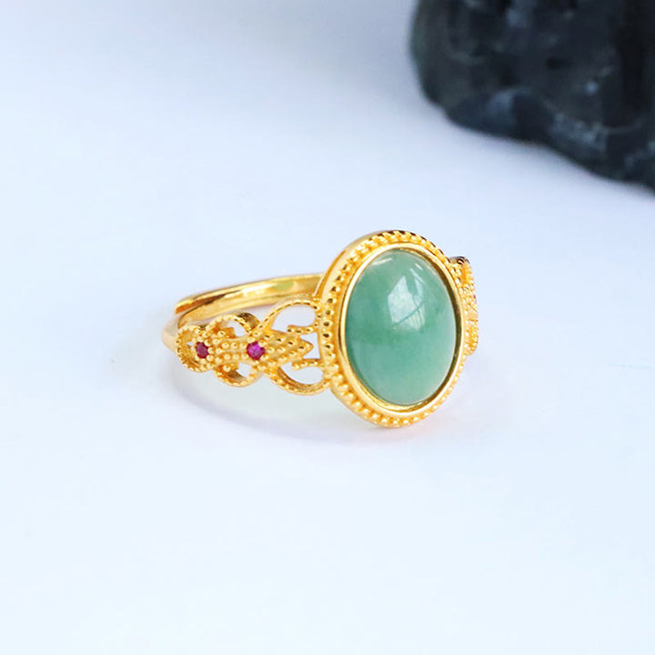 Buddha Stones天然 925 スターリングシルバー ゴールドメッキ 中空デザイン 翡翠 幸運 リング - image 8