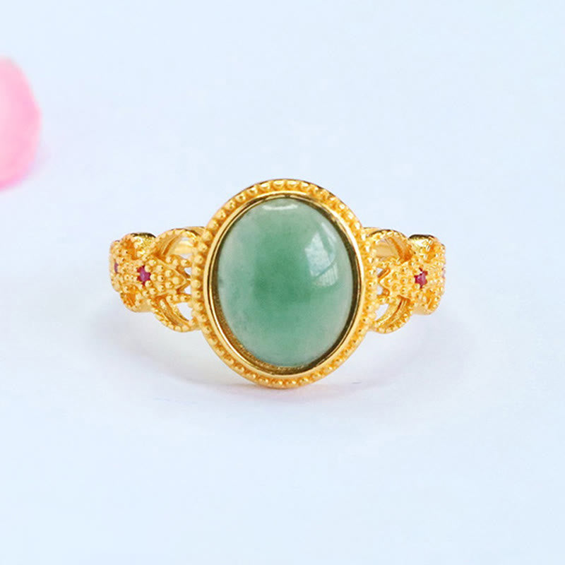 Buddha Stones天然 925 スターリングシルバー ゴールドメッキ 中空デザイン 翡翠 幸運 リング - ジェイド - image 1