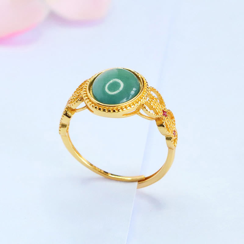 Buddha Stones天然 925 スターリングシルバー ゴールドメッキ 中空デザイン 翡翠 幸運 リング - image 3