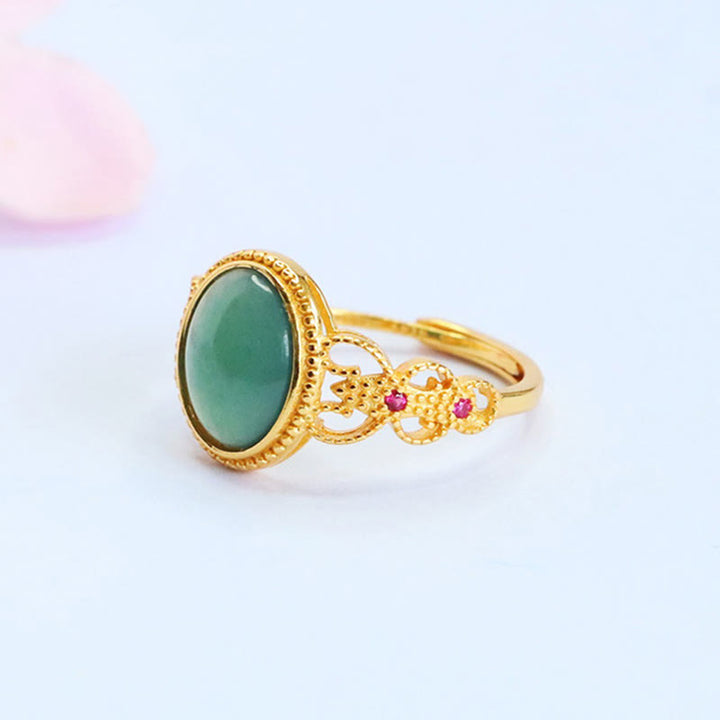 Buddha Stones天然 925 スターリングシルバー ゴールドメッキ 中空デザイン 翡翠 幸運 リング - image 1