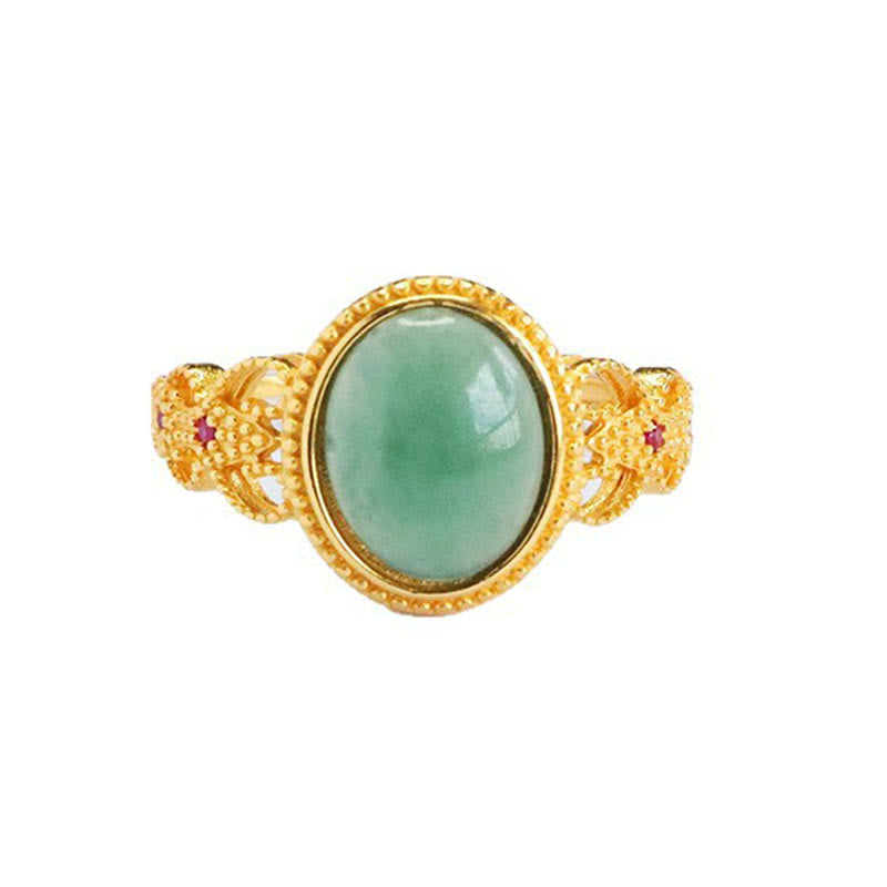 Buddha Stones天然 925 スターリングシルバー ゴールドメッキ 中空デザイン 翡翠 幸運 リング - image 13