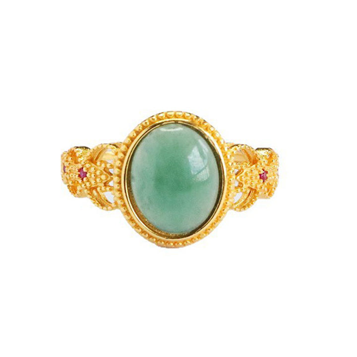 Buddha Stones天然 925 スターリングシルバー ゴールドメッキ 中空デザイン 翡翠 幸運 リング - image 13