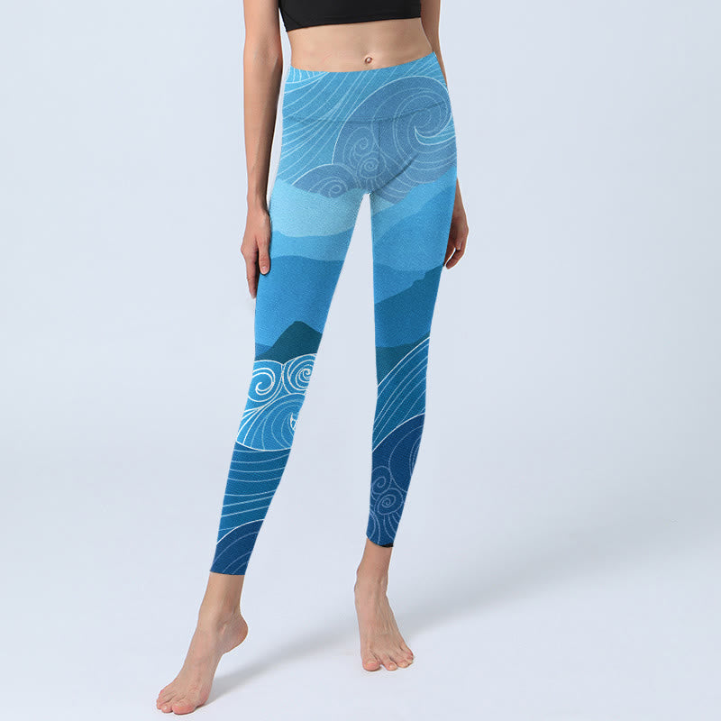 Buddha Stones、青い波、山々のプリントジムレギンス、レディースヨガパンツ - image 6
