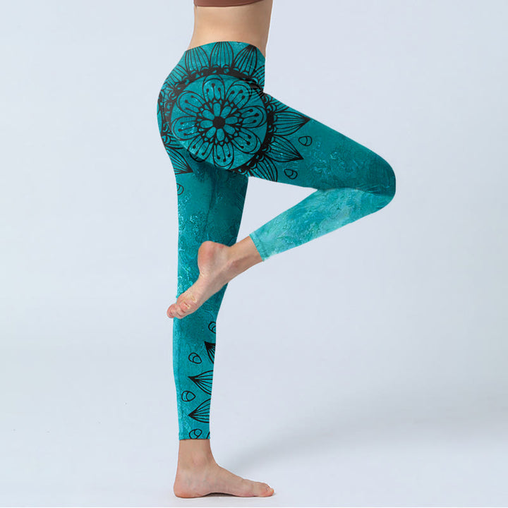 Buddha Stones、緑のひまわり、花柄プリントのジムレギンス、レディースヨガパンツ - image 4