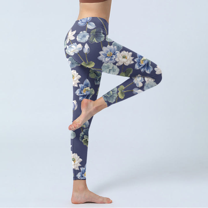 Buddha Stones、青、白、蓮の花、油絵プリント、ジムレギンス、レディースヨガパンツ - image 4