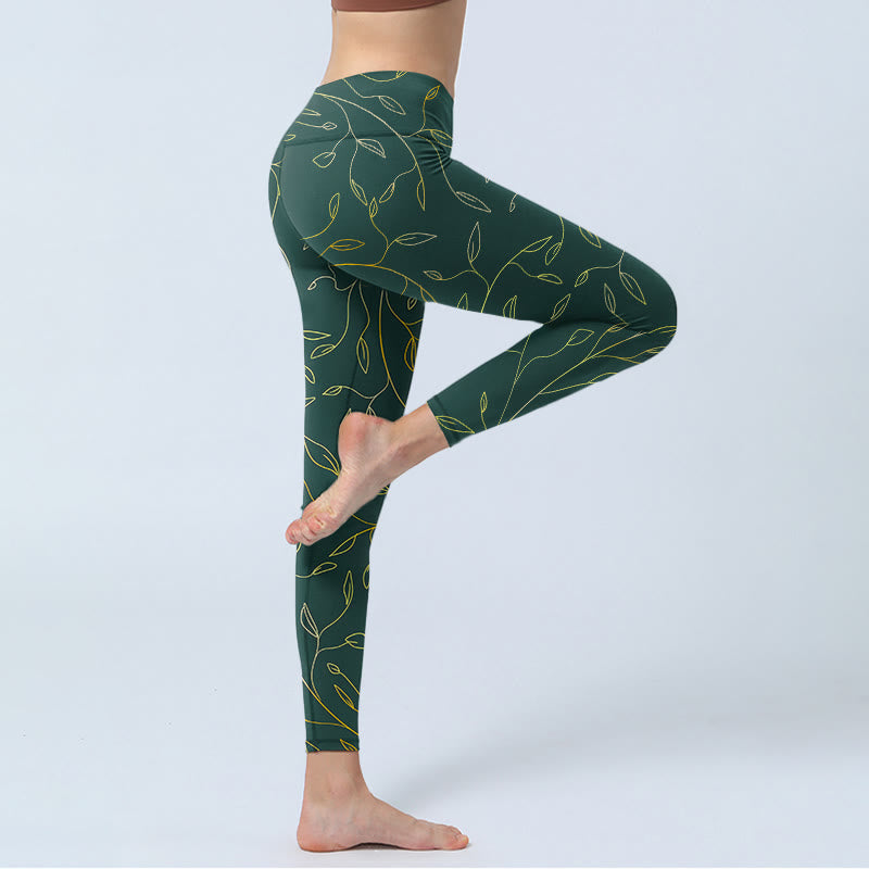 Buddha Stones、グリーン、金色の葉、枝柄プリントのジムレギンス、レディースヨガパンツ - image 4