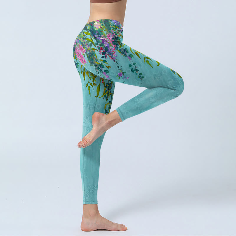 Buddha Stonesと鮮やかな花、緑の柳の葉のプリントジムレギンスレディースヨガパンツ - image 4