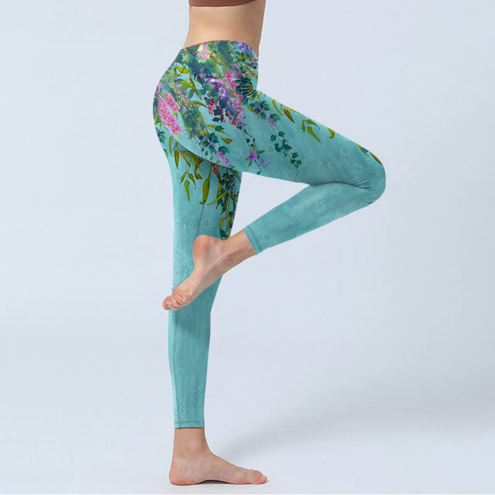 Buddha Stonesと鮮やかな花、緑の柳の葉のプリントジムレギンスレディースヨガパンツ - image 4