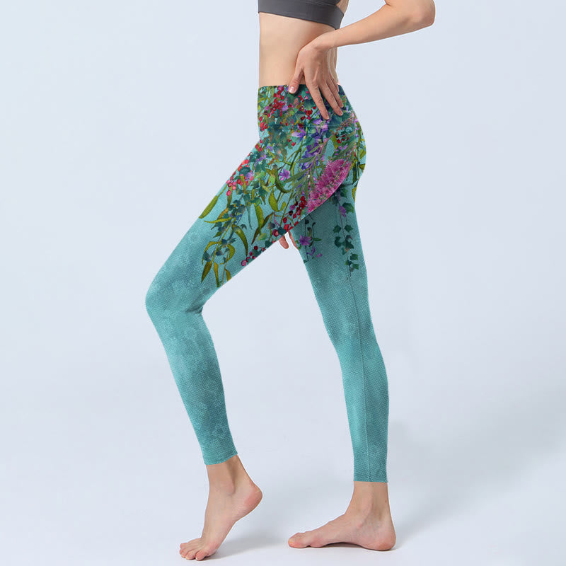 Buddha Stonesと鮮やかな花、緑の柳の葉のプリントジムレギンスレディースヨガパンツ - image 3