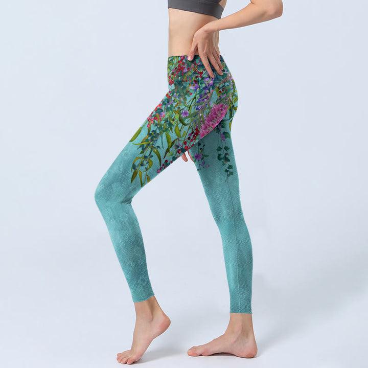 Buddha Stonesと鮮やかな花、緑の柳の葉のプリントジムレギンスレディースヨガパンツ - image 3