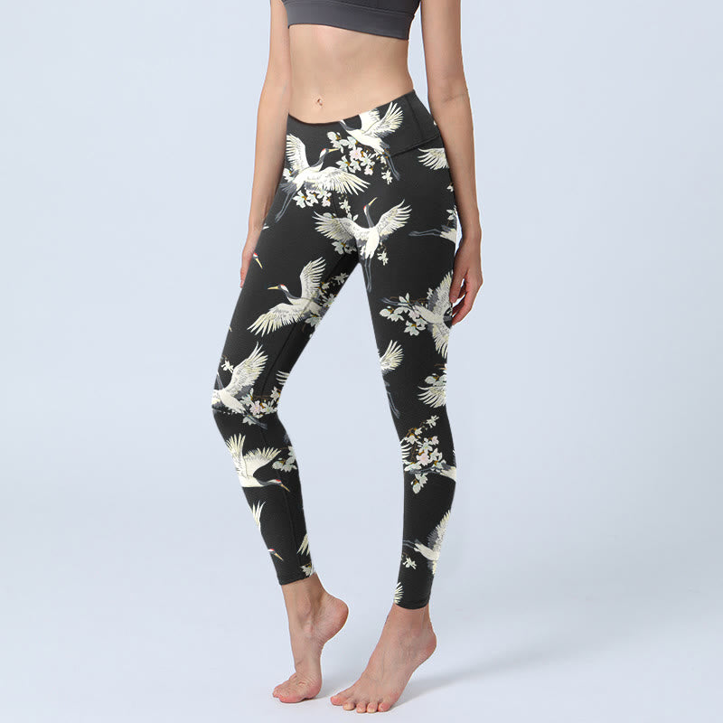 Buddha Stones、白鶴、花のプリント、ジムレギンス、レディースヨガパンツ - 黒 - US18、 UK/AU22、 EU50 (4XL) - image 1