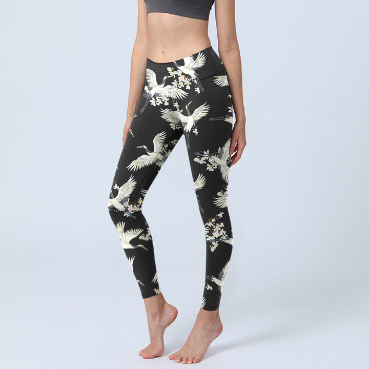 Buddha Stones、白鶴、花のプリント、ジムレギンス、レディースヨガパンツ - 黒 - US18、 UK/AU22、 EU50 (4XL) - image 1