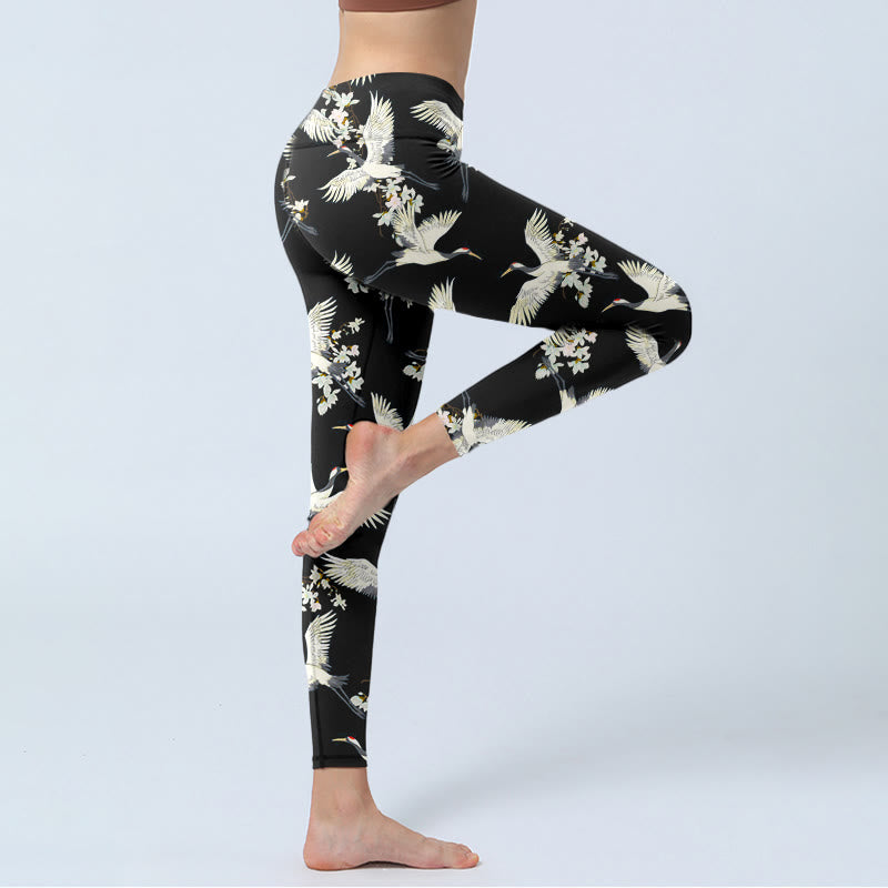 Buddha Stones、白鶴、花のプリント、ジムレギンス、レディースヨガパンツ - image 5