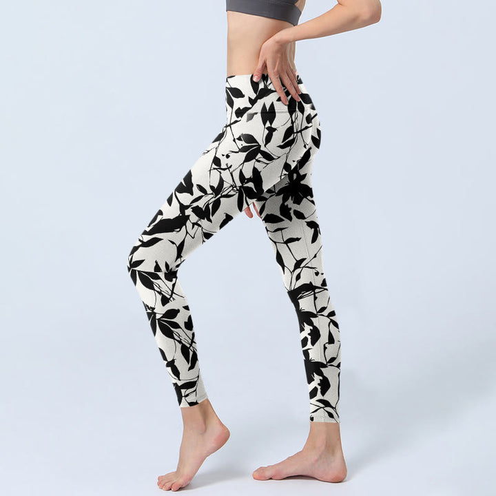 Buddha Stonesブラックリーフプリント ジムレギンス レディース ヨガパンツ - image 3
