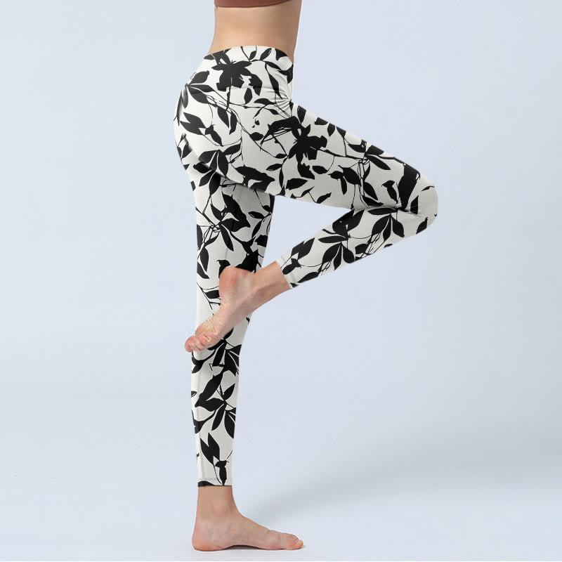 Buddha Stonesブラックリーフプリント ジムレギンス レディース ヨガパンツ - image 4