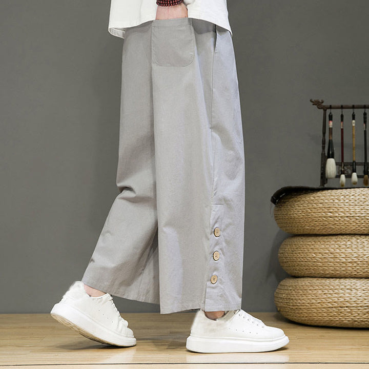 Buddha Stones無地リネンボタンドローストリングメンズストレートレッグパンツ（ポケット付き） - image 18