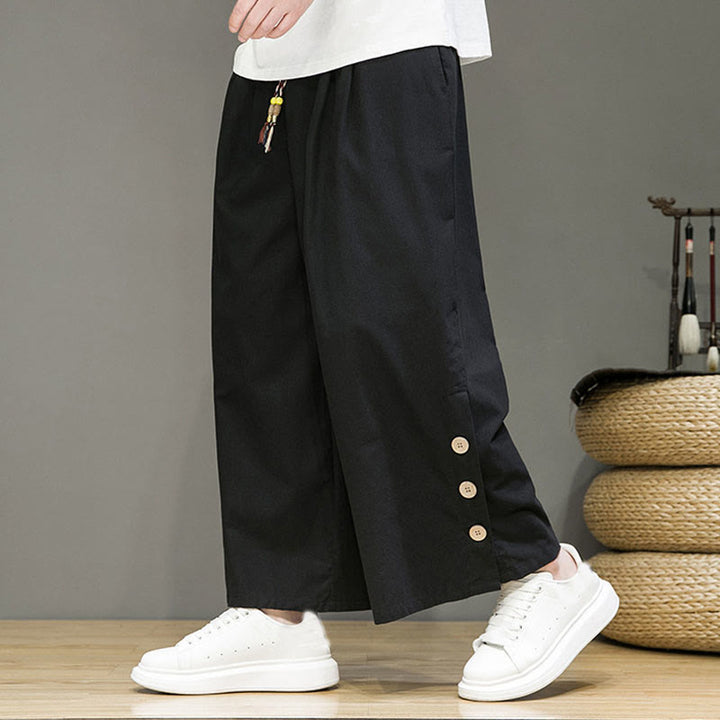 Buddha Stones無地リネンボタンドローストリングメンズストレートレッグパンツ（ポケット付き） - 黒 - US/UK/AU46、 EU56 (5XL) - image 7