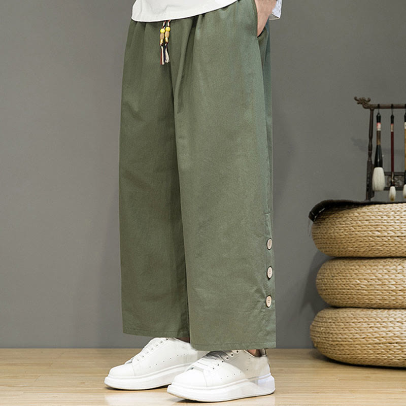 Buddha Stones無地リネンボタンドローストリングメンズストレートレッグパンツ（ポケット付き） - image 27