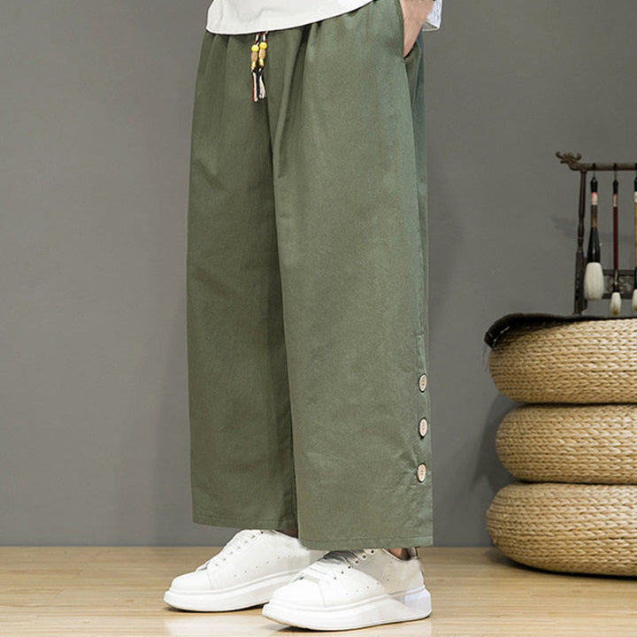 Buddha Stones無地リネンボタンドローストリングメンズストレートレッグパンツ（ポケット付き） - image 27
