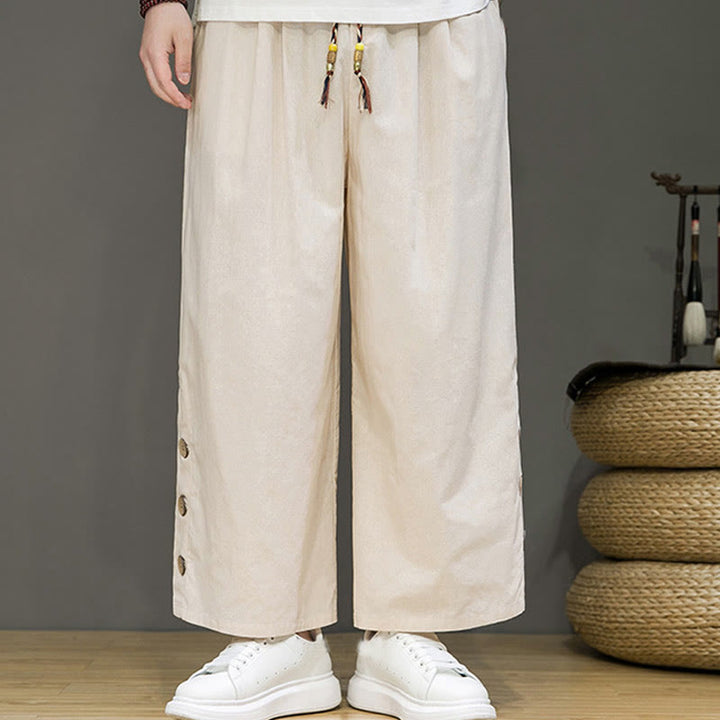 Buddha Stones無地リネンボタンドローストリングメンズストレートレッグパンツ（ポケット付き） - image 1