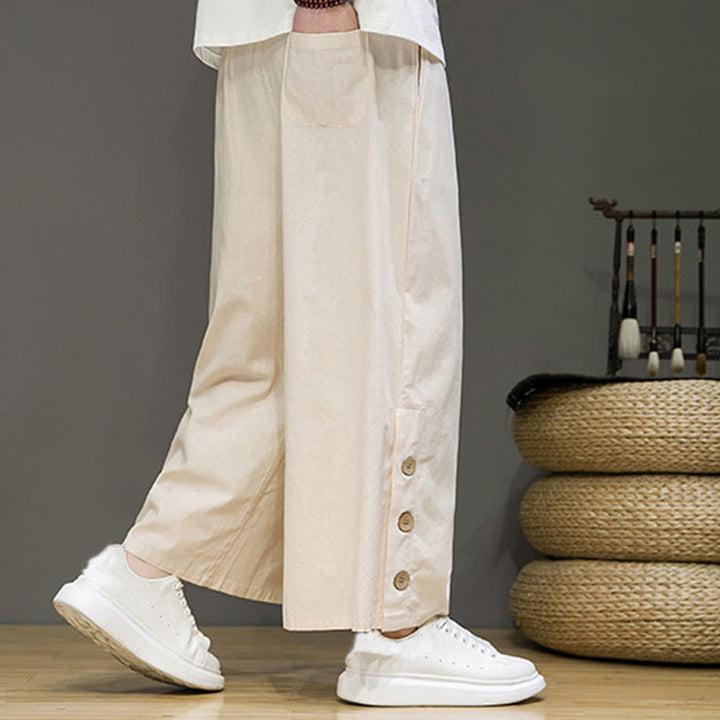 Buddha Stones無地リネンボタンドローストリングメンズストレートレッグパンツ（ポケット付き） - image 4