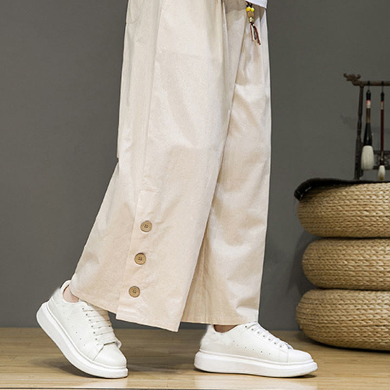 Buddha Stones無地リネンボタンドローストリングメンズストレートレッグパンツ（ポケット付き） - image 6