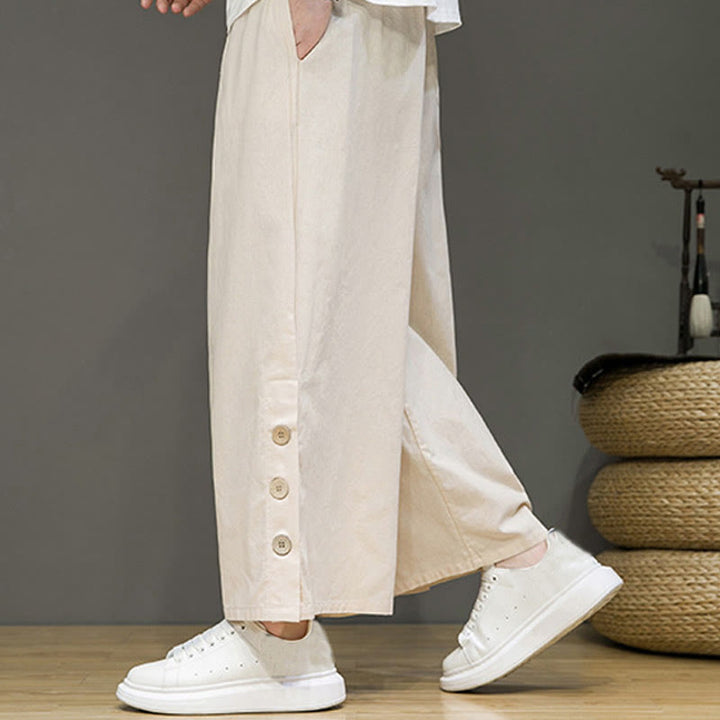 Buddha Stones無地リネンボタンドローストリングメンズストレートレッグパンツ（ポケット付き） - image 5