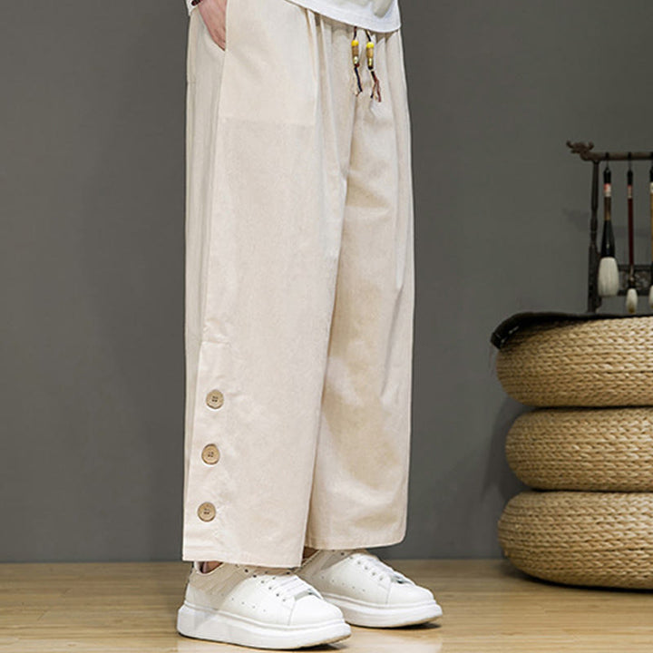 Buddha Stones無地リネンボタンドローストリングメンズストレートレッグパンツ（ポケット付き） - image 2