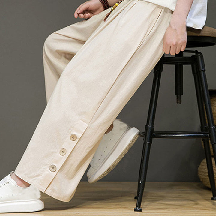 Buddha Stones無地リネンボタンドローストリングメンズストレートレッグパンツ（ポケット付き） - image 7