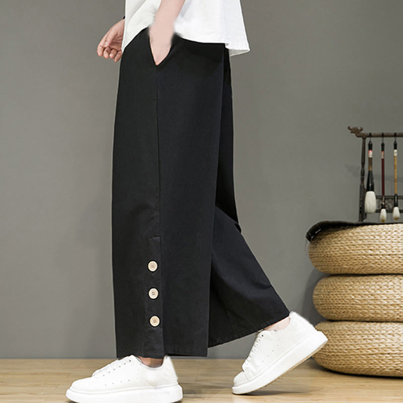 Buddha Stones無地リネンボタンドローストリングメンズストレートレッグパンツ（ポケット付き） - image 9